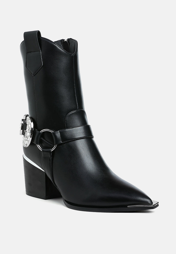women diamante embellished pin buckle boots#color_black