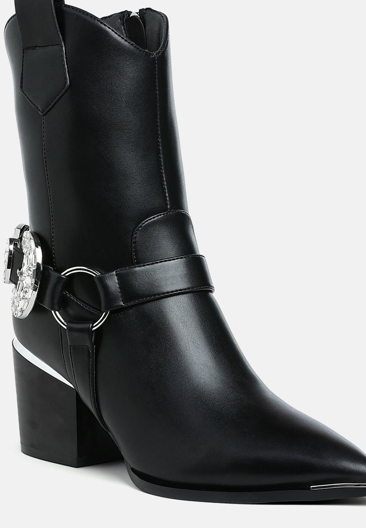 women diamante embellished pin buckle boots#color_black