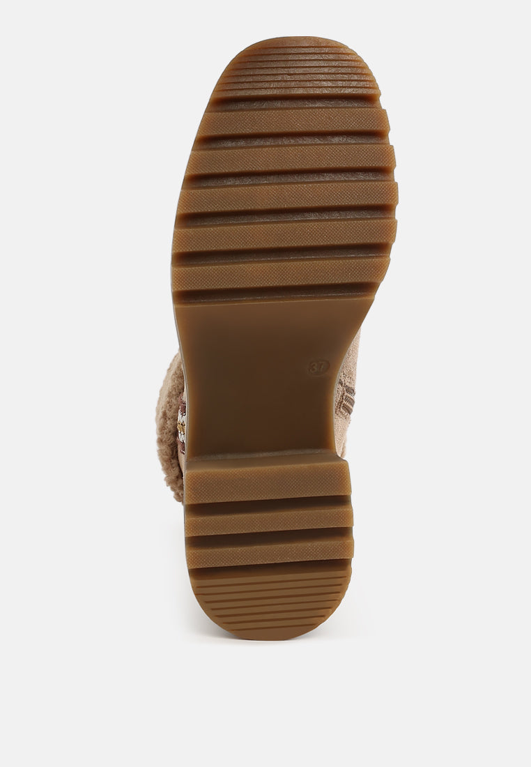 women faux fur & embroidery detail boots#color_beige