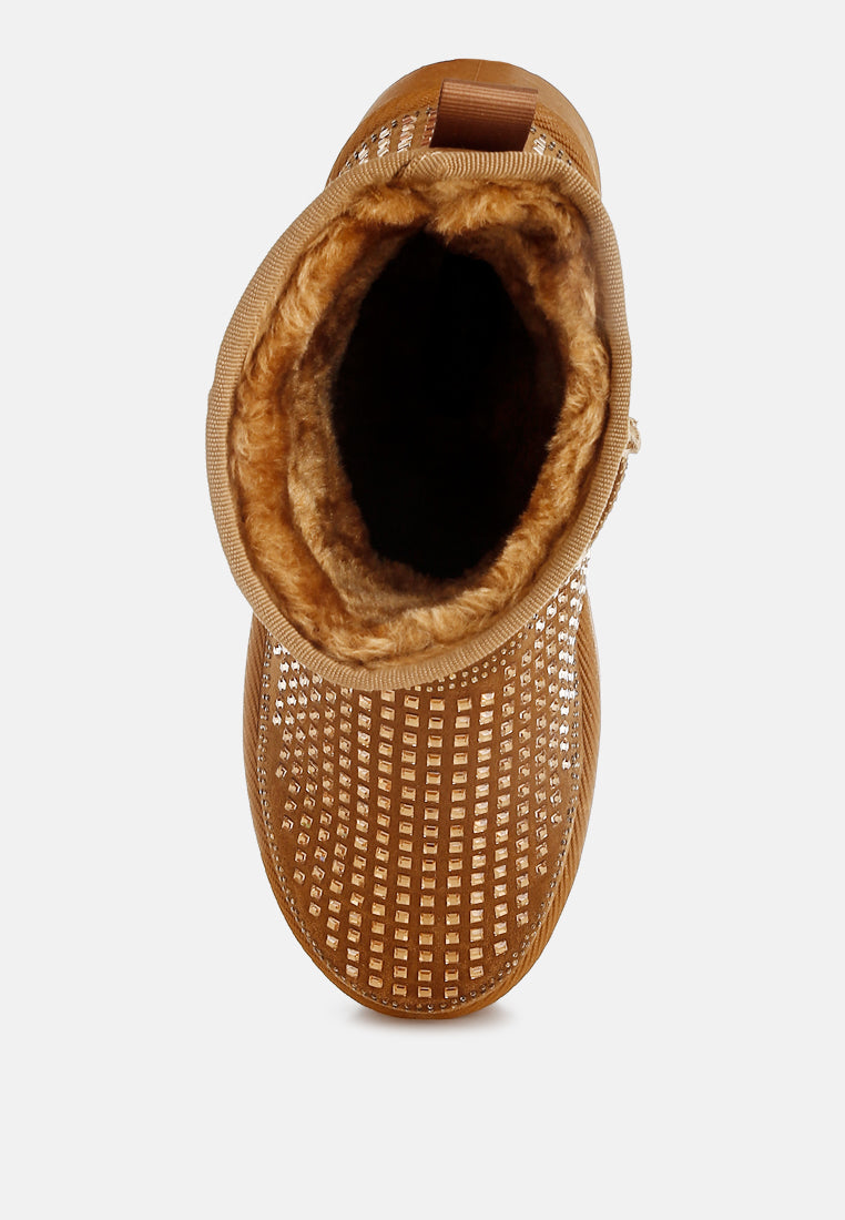 women chunky rhinestones ankle boots#color_tan