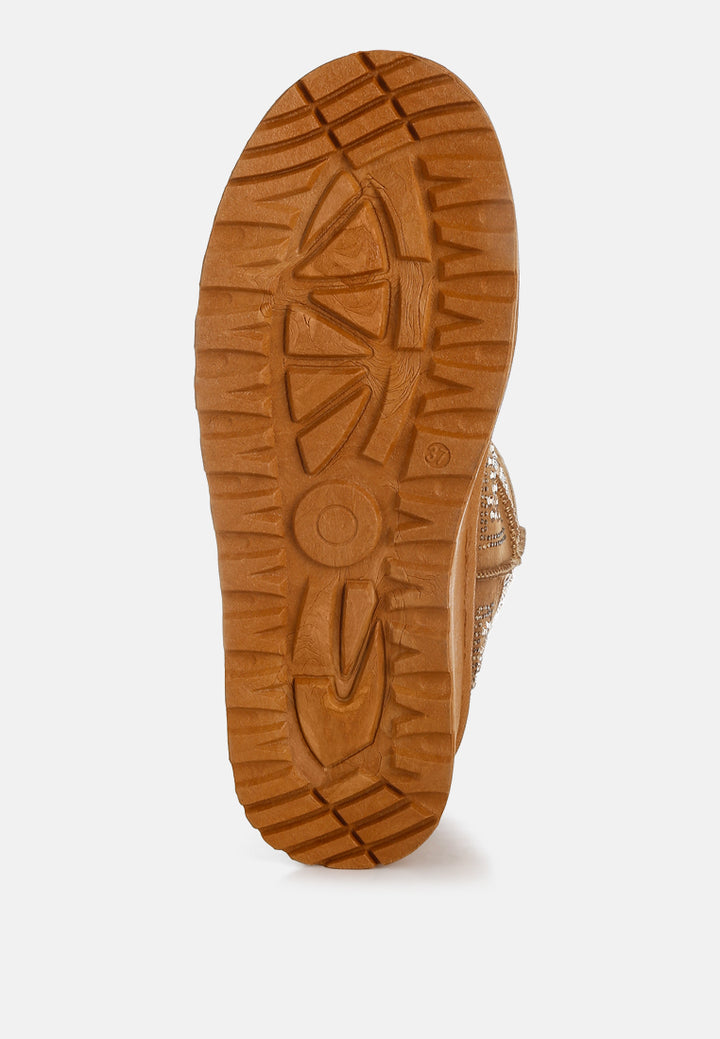 women chunky rhinestones ankle boots#color_tan