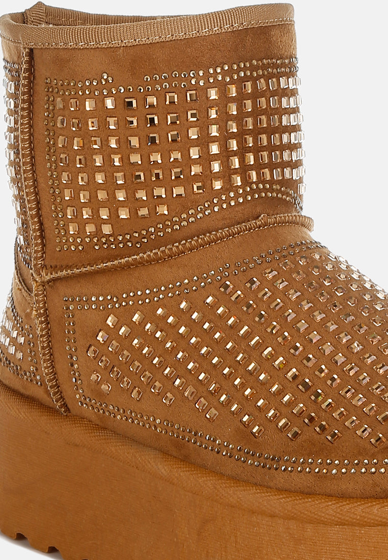 women chunky rhinestones ankle boots#color_tan