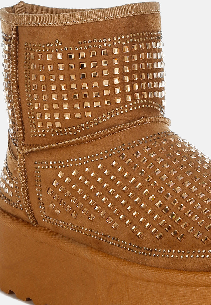 women chunky rhinestones ankle boots#color_tan