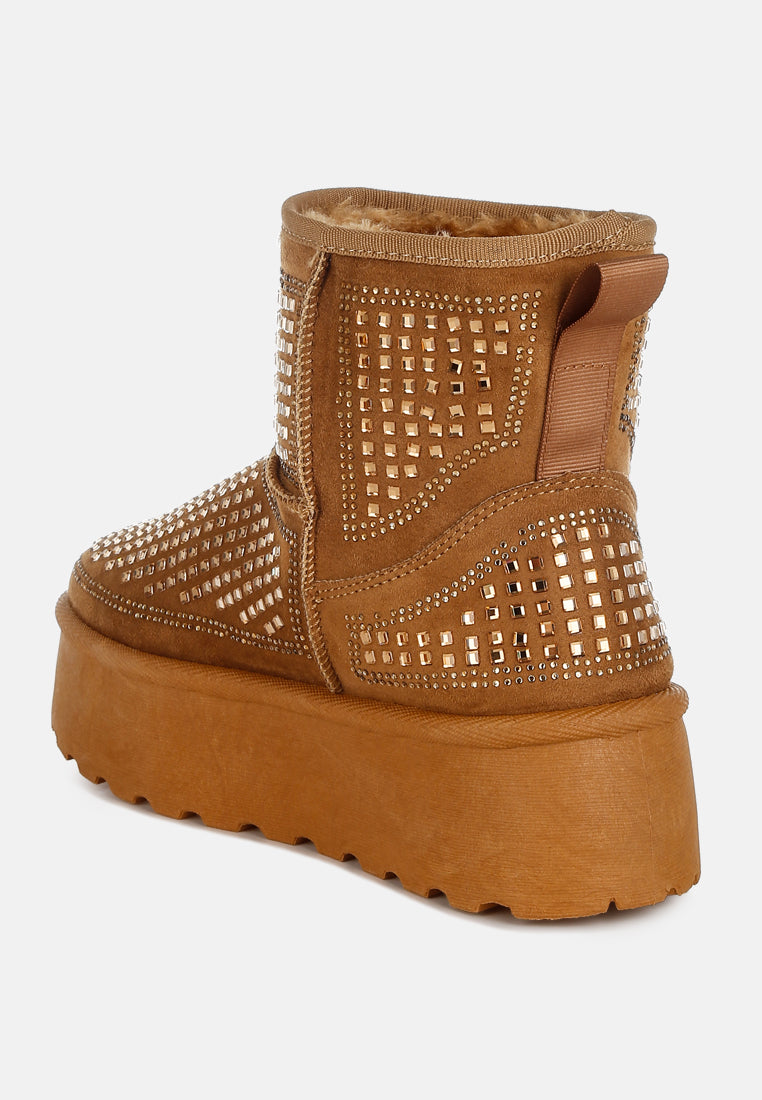 women chunky rhinestones ankle boots#color_tan