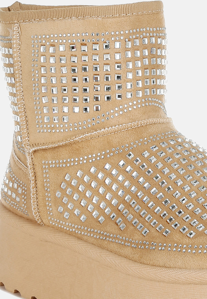 women chunky rhinestones ankle boots#color_beige