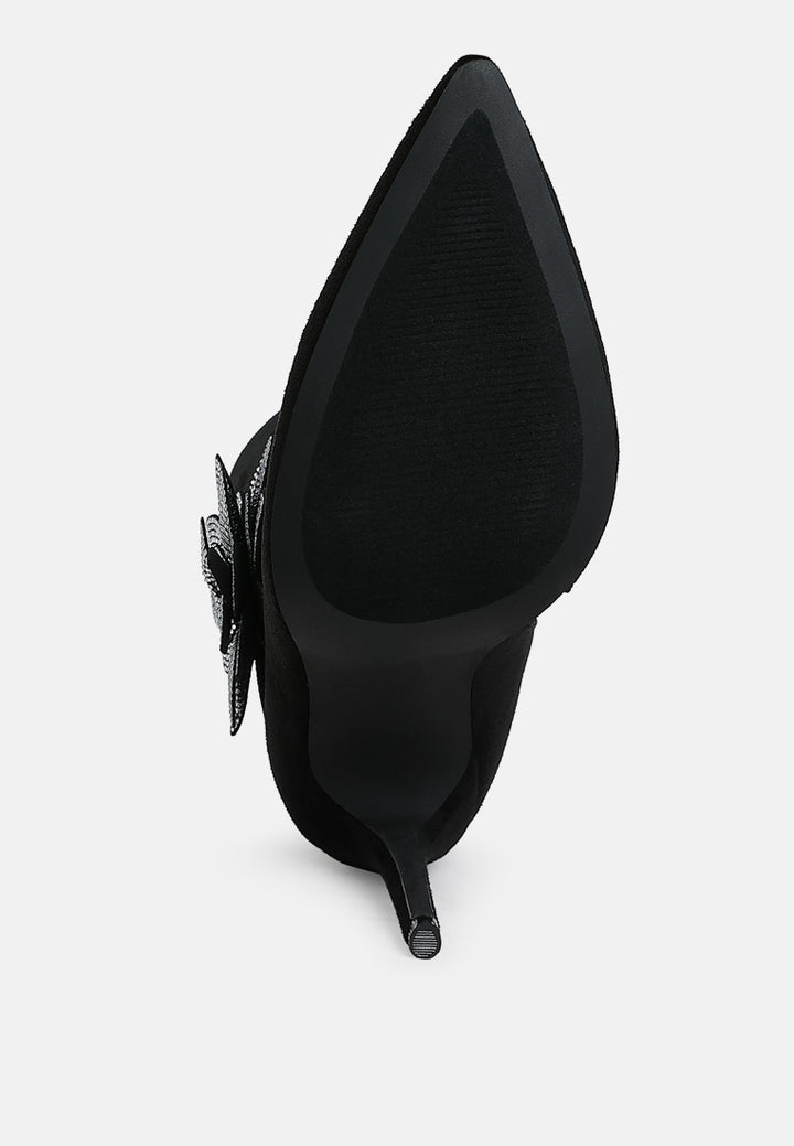women rhinestones petal detail boots#color_black