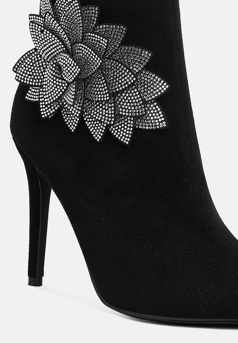 women rhinestones petal detail boots#color_black