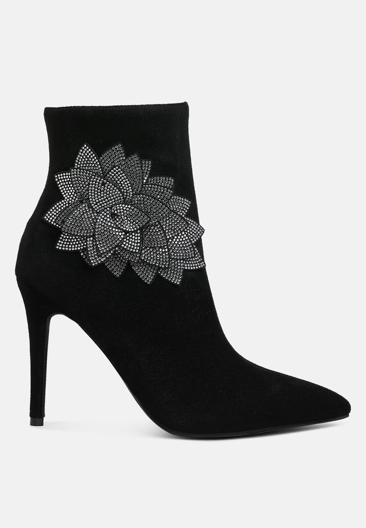women rhinestones petal detail boots#color_black