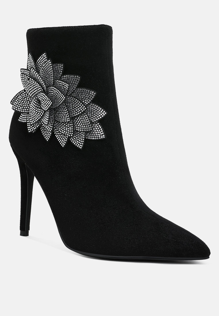 women rhinestones petal detail boots#color_black