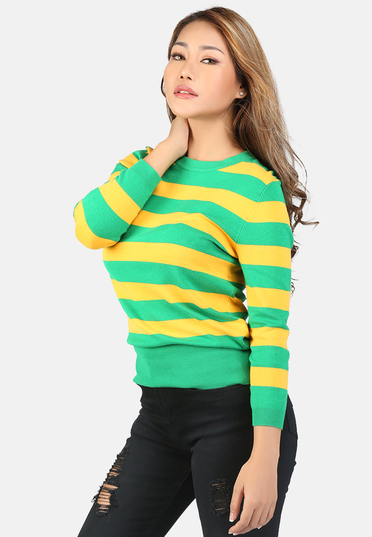 women fine knit striped sweater#color_mango