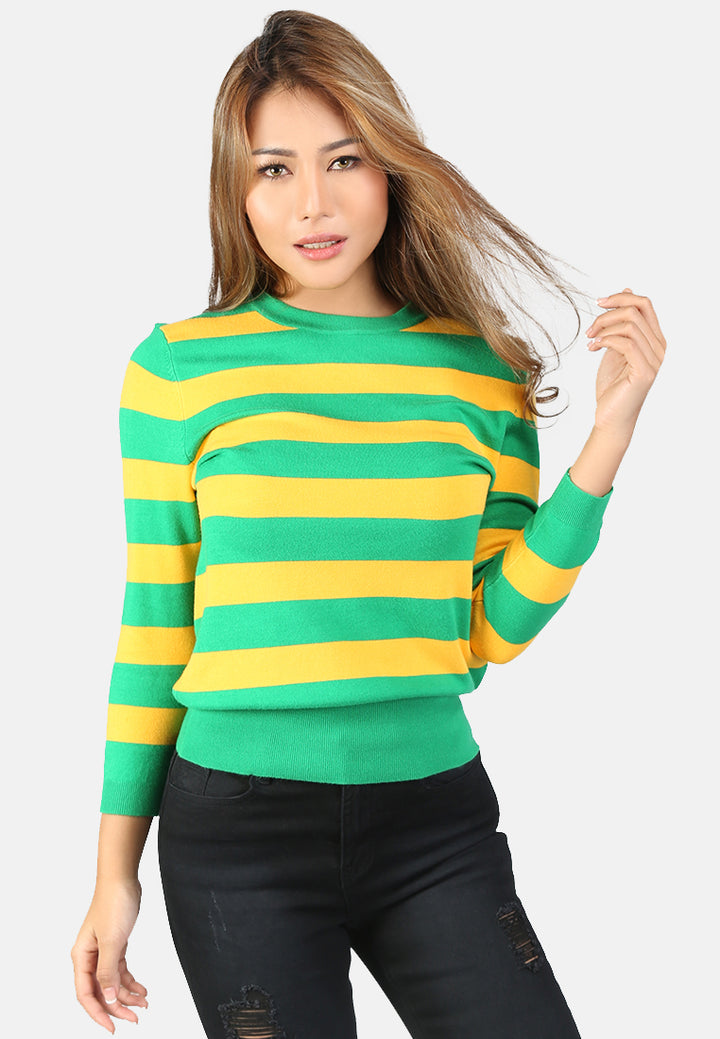 women fine knit striped sweater#color_mango