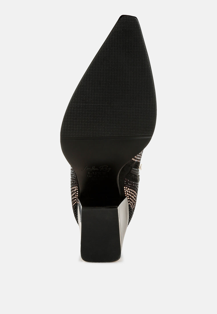women rhinestones embellished block heel boots#color_black