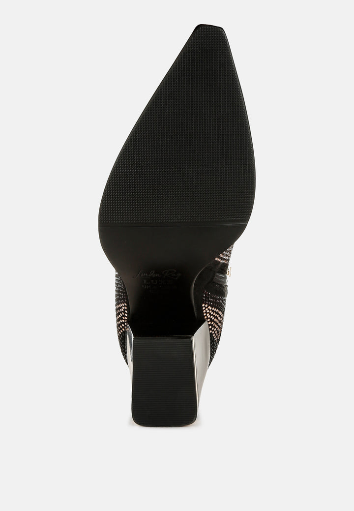 women rhinestones embellished block heel boots#color_black
