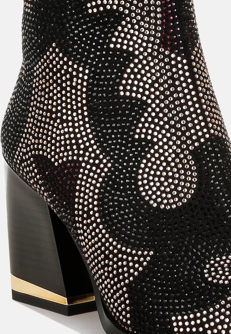 women rhinestones embellished block heel boots#color_black