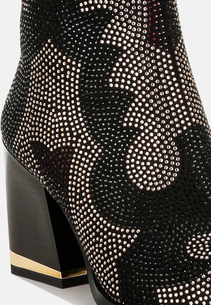women rhinestones embellished block heel boots#color_black