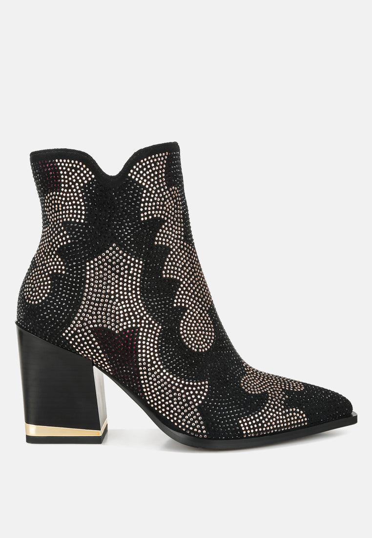 women rhinestones embellished block heel boots#color_black