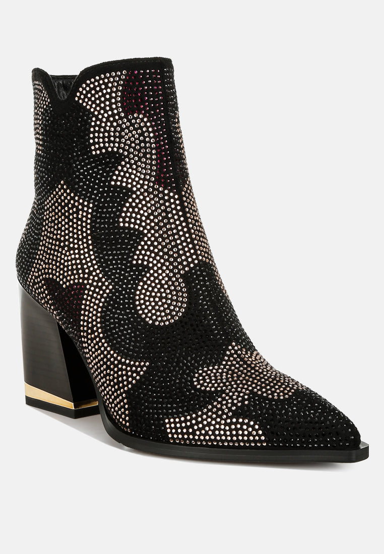women rhinestones embellished block heel boots#color_black