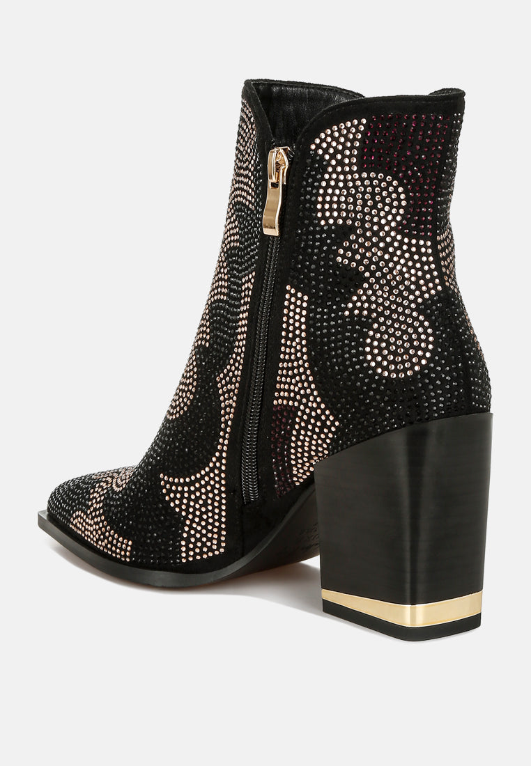 women rhinestones embellished block heel boots#color_black
