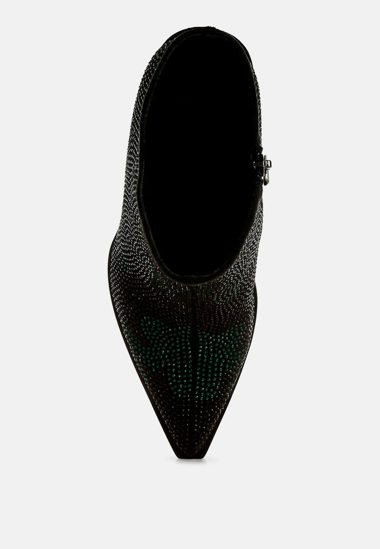 women rhinestones embellished block heel boots#color_green