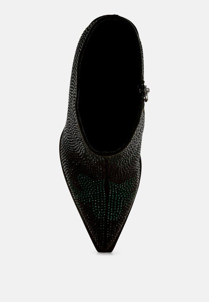 women rhinestones embellished block heel boots#color_green