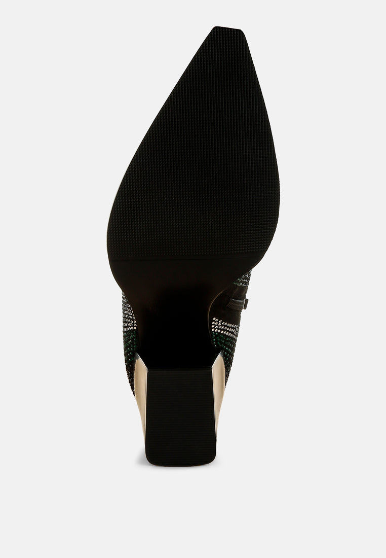 women rhinestones embellished block heel boots#color_green