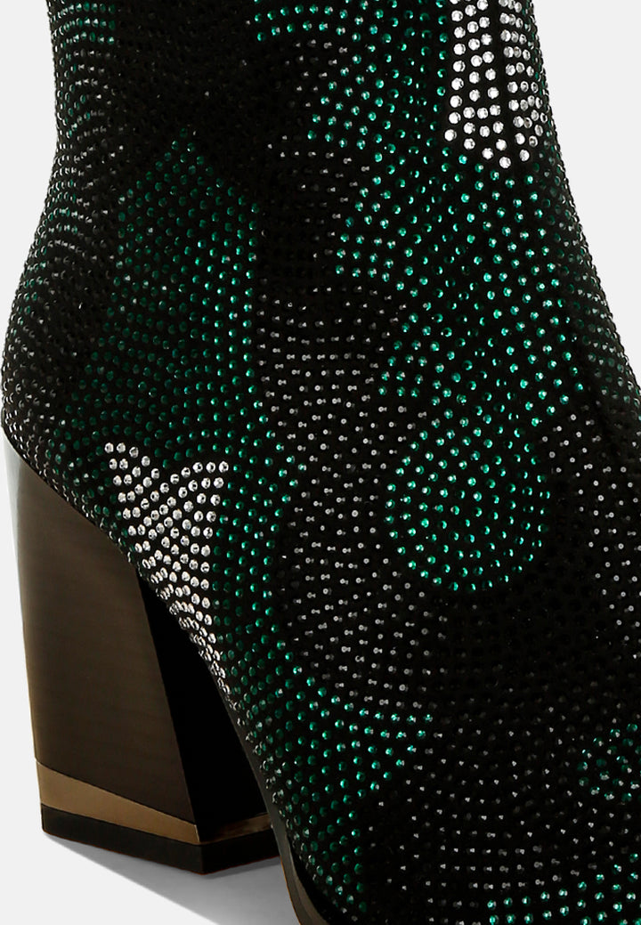 women rhinestones embellished block heel boots#color_green