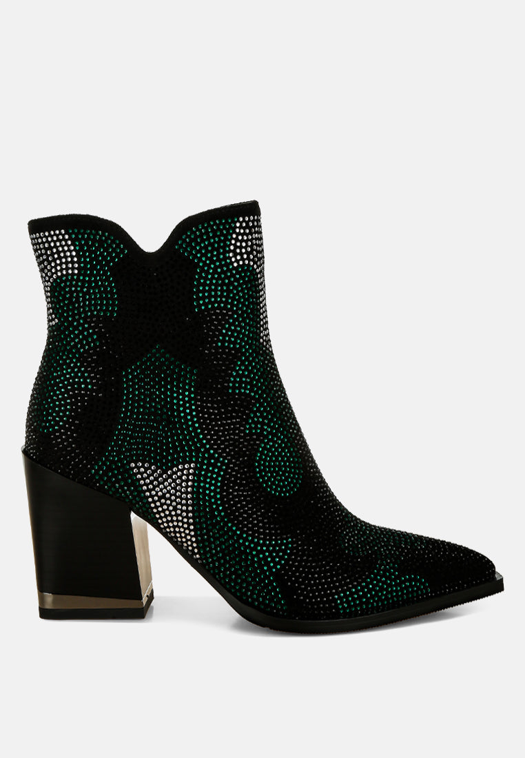 women rhinestones embellished block heel boots#color_green
