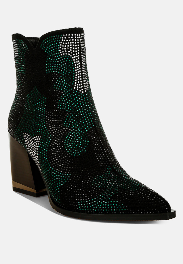 women rhinestones embellished block heel boots#color_green