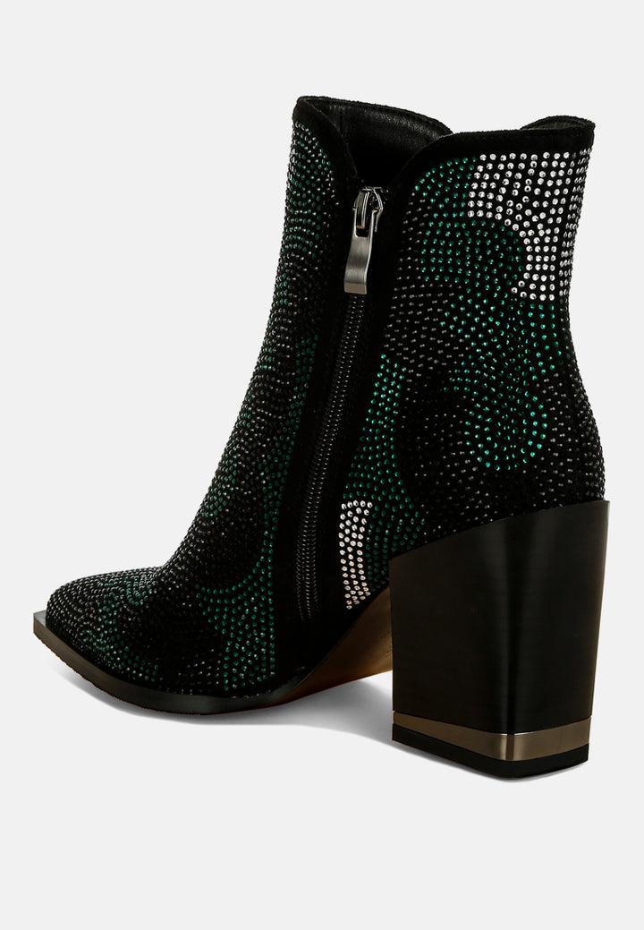 women rhinestones embellished block heel boots#color_green