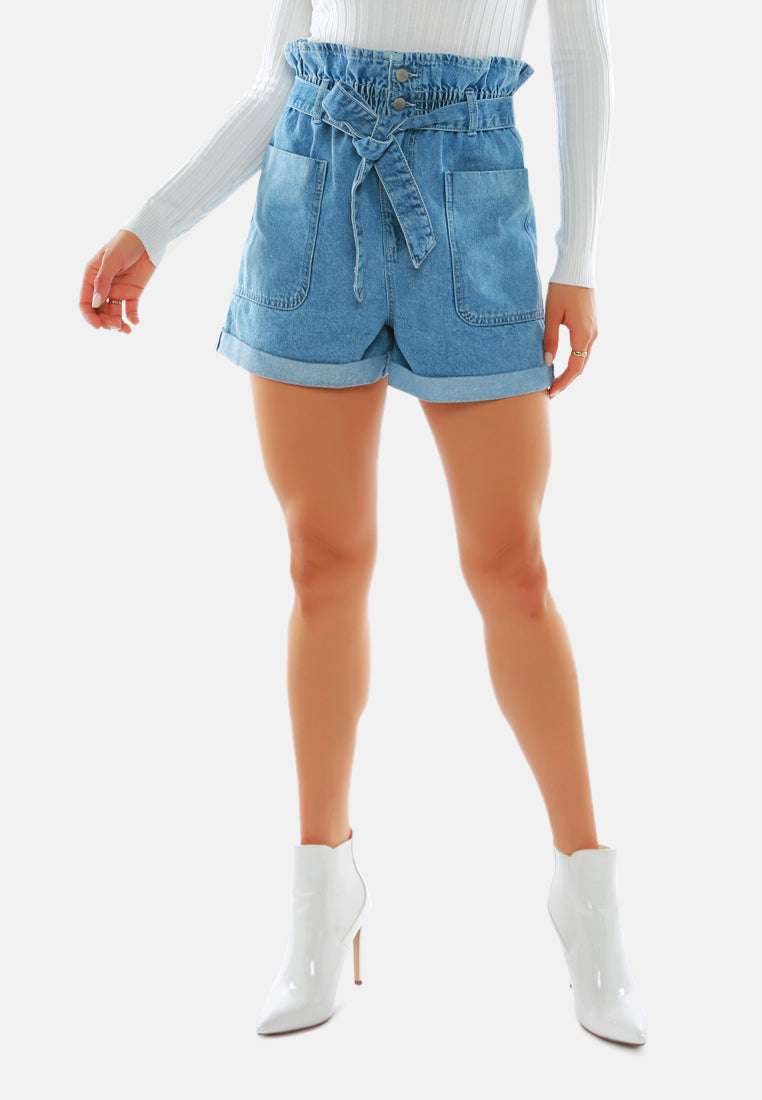 women acid wash paper bag shorts#color_blue