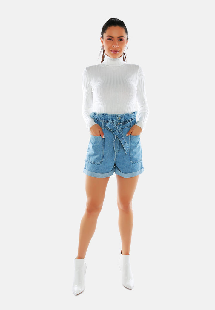 women acid wash paper bag shorts#color_blue