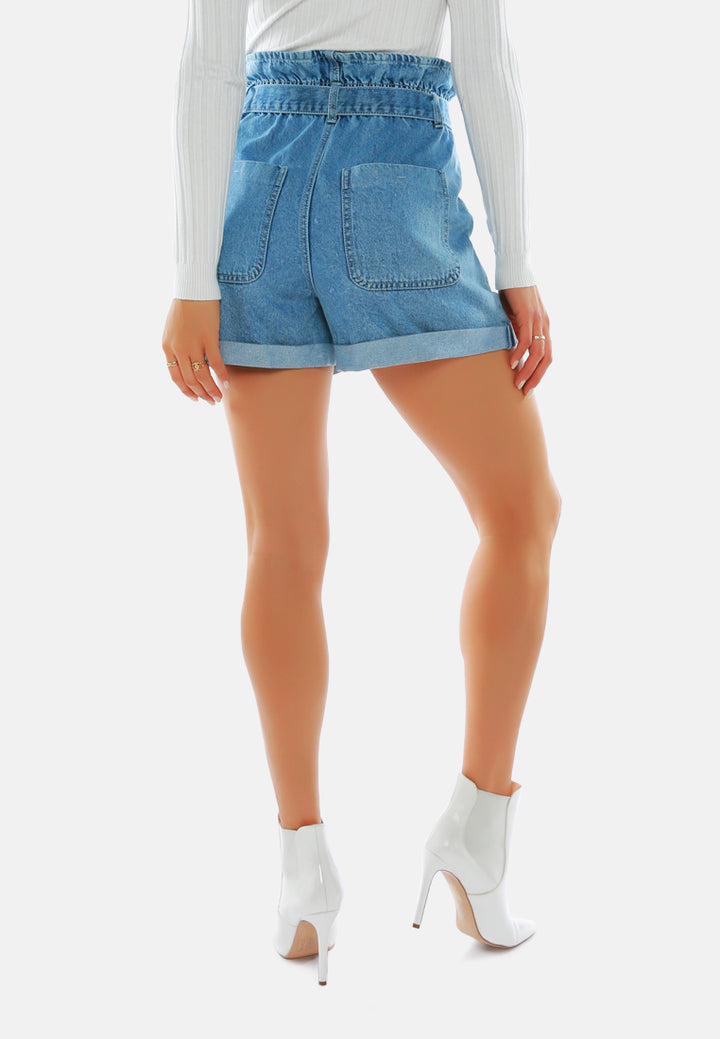 women acid wash paper bag shorts#color_blue