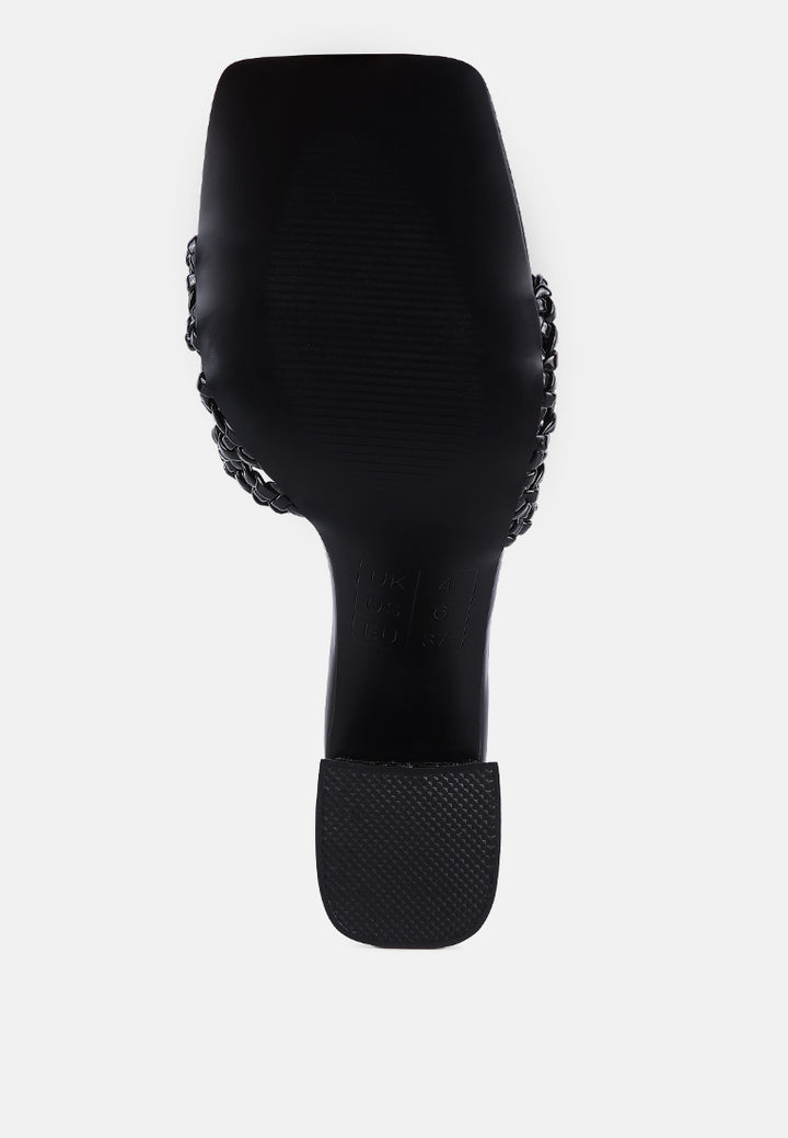 women metallic braided straps slider sandals#color_black