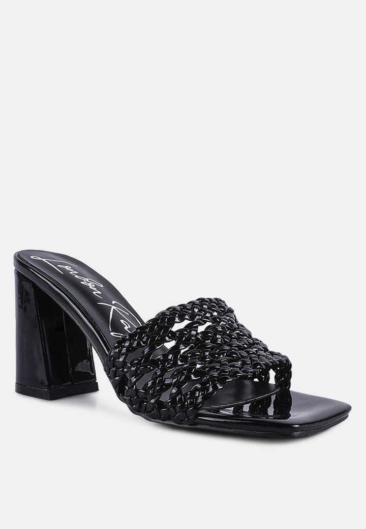 women metallic braided straps slider sandals#color_black
