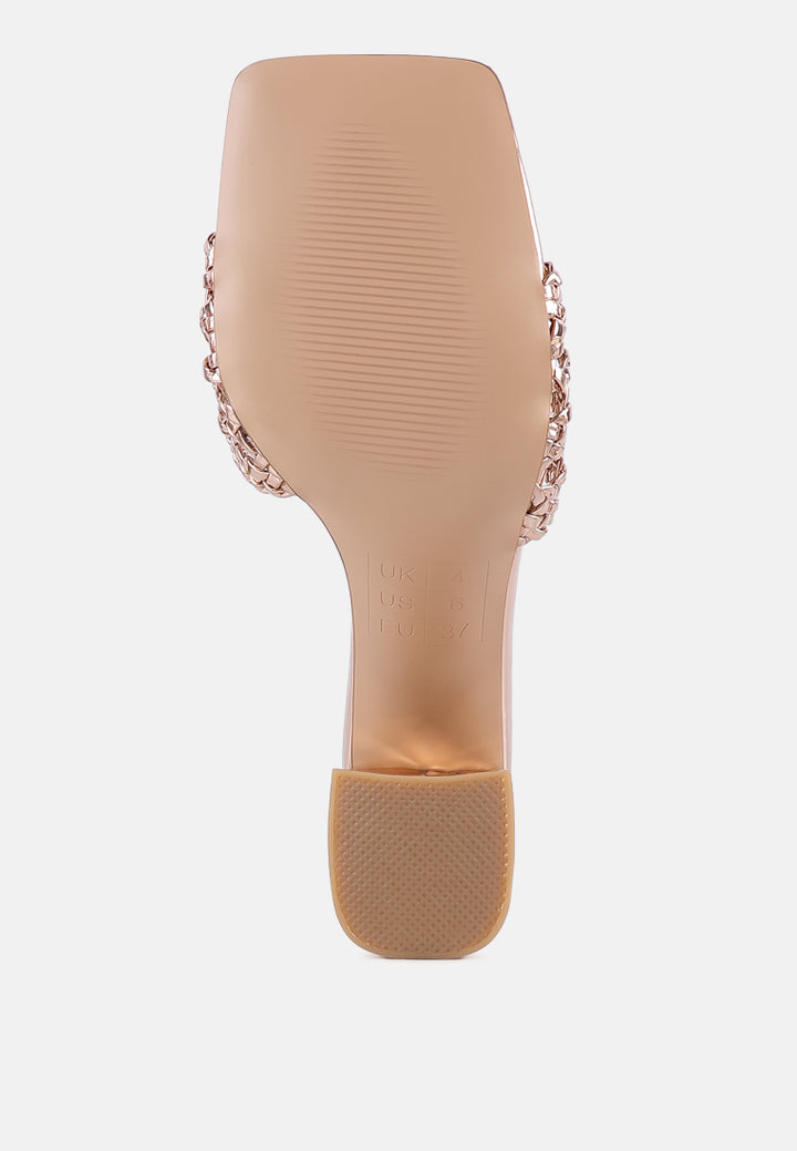 women metallic braided straps slider sandals#color_rose-gold