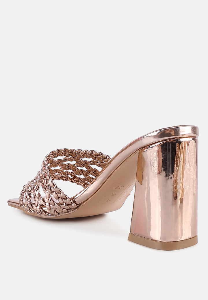 women metallic braided straps slider sandals#color_rose-gold