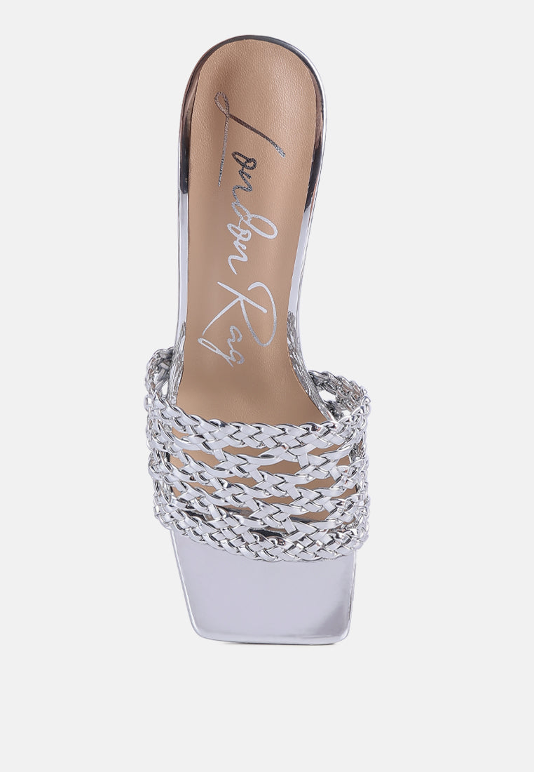 women metallic braided straps slider sandals#color_silver