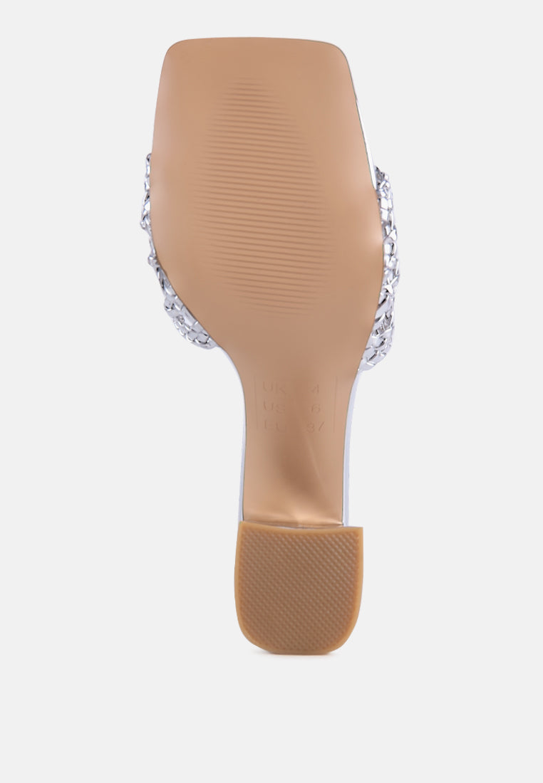 women metallic braided straps slider sandals#color_silver