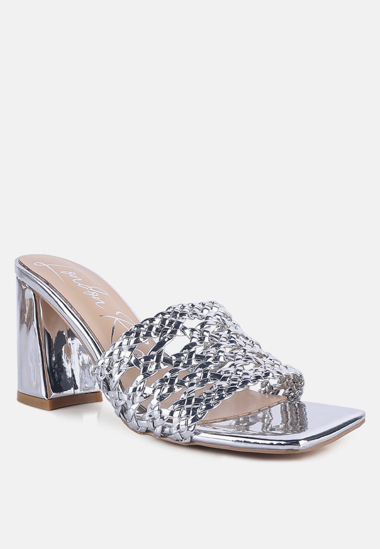 women metallic braided straps slider sandals#color_silver