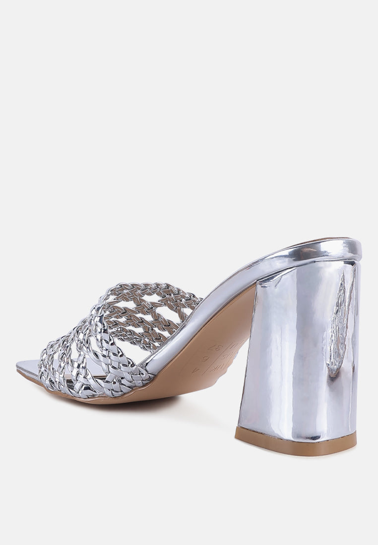 women metallic braided straps slider sandals#color_silver
