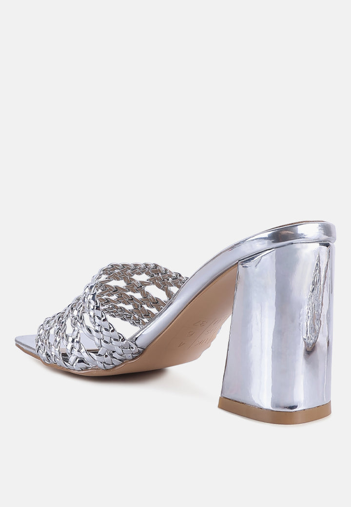 women metallic braided straps slider sandals#color_silver