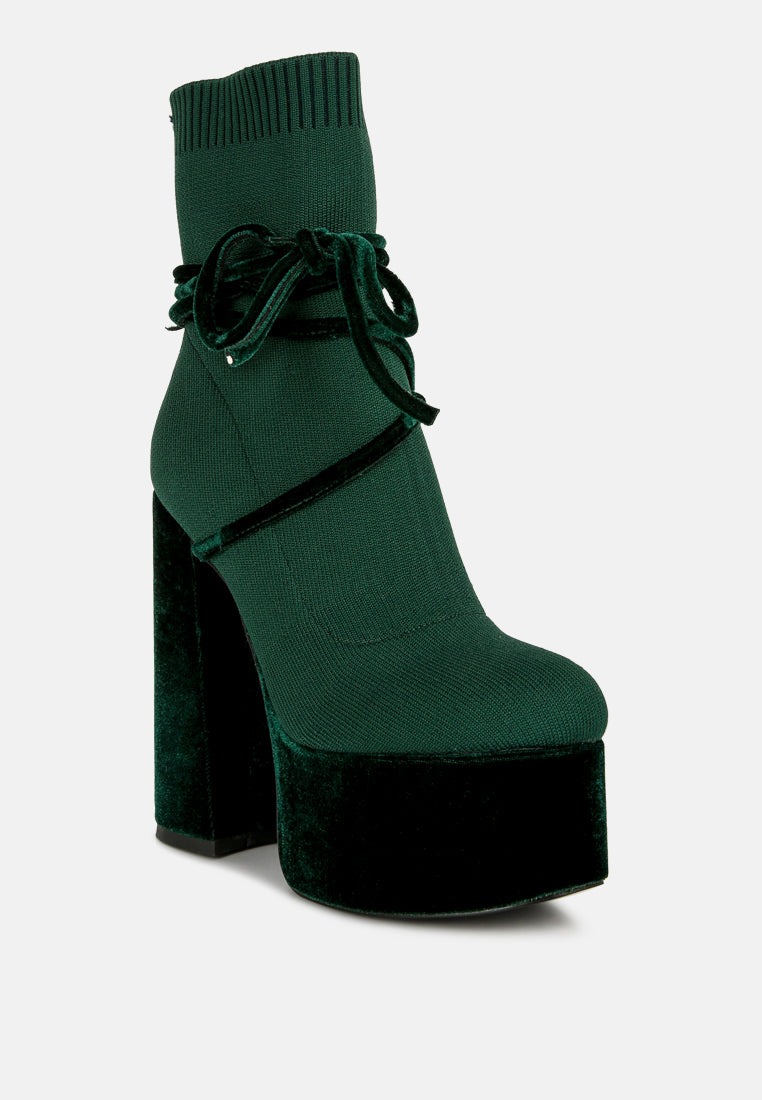 women high heeled velvet knitted boot#color_olive-green