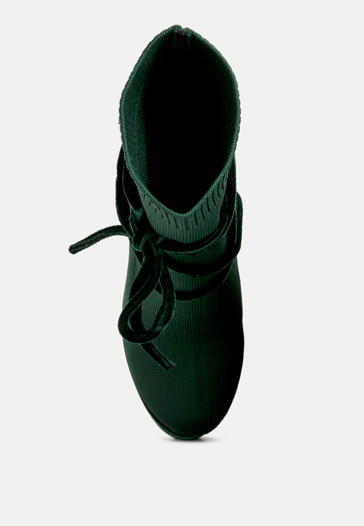 women high heeled velvet knitted boot#color_olive-green
