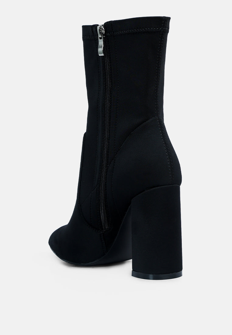 women ankle lycra block heeled boots#color_black