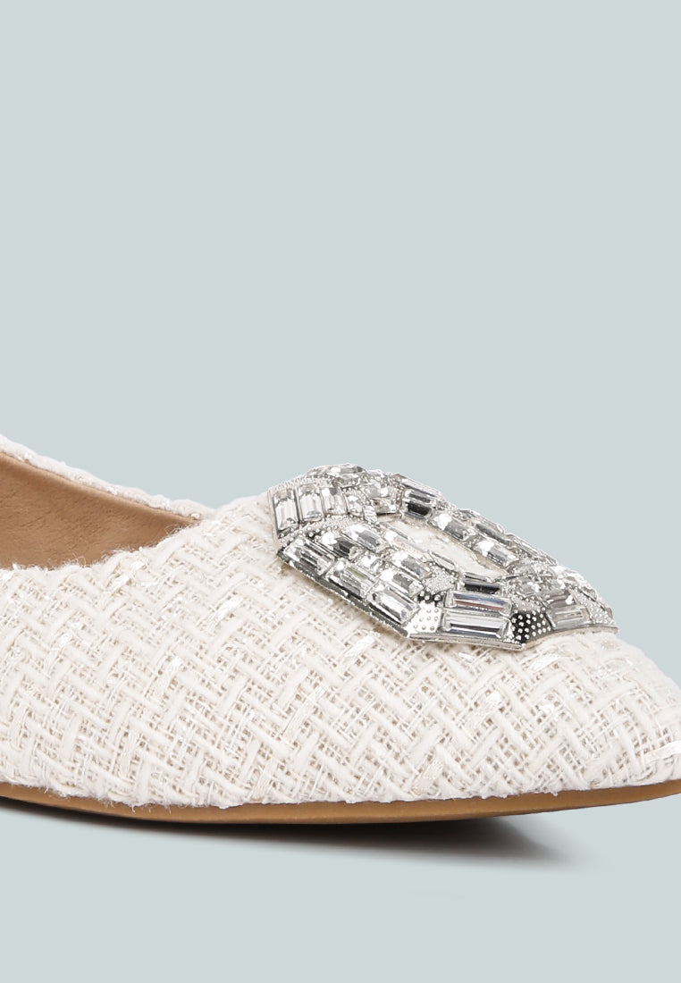 women aria embellished jewel buckle tweed ballet flats#color_off-white