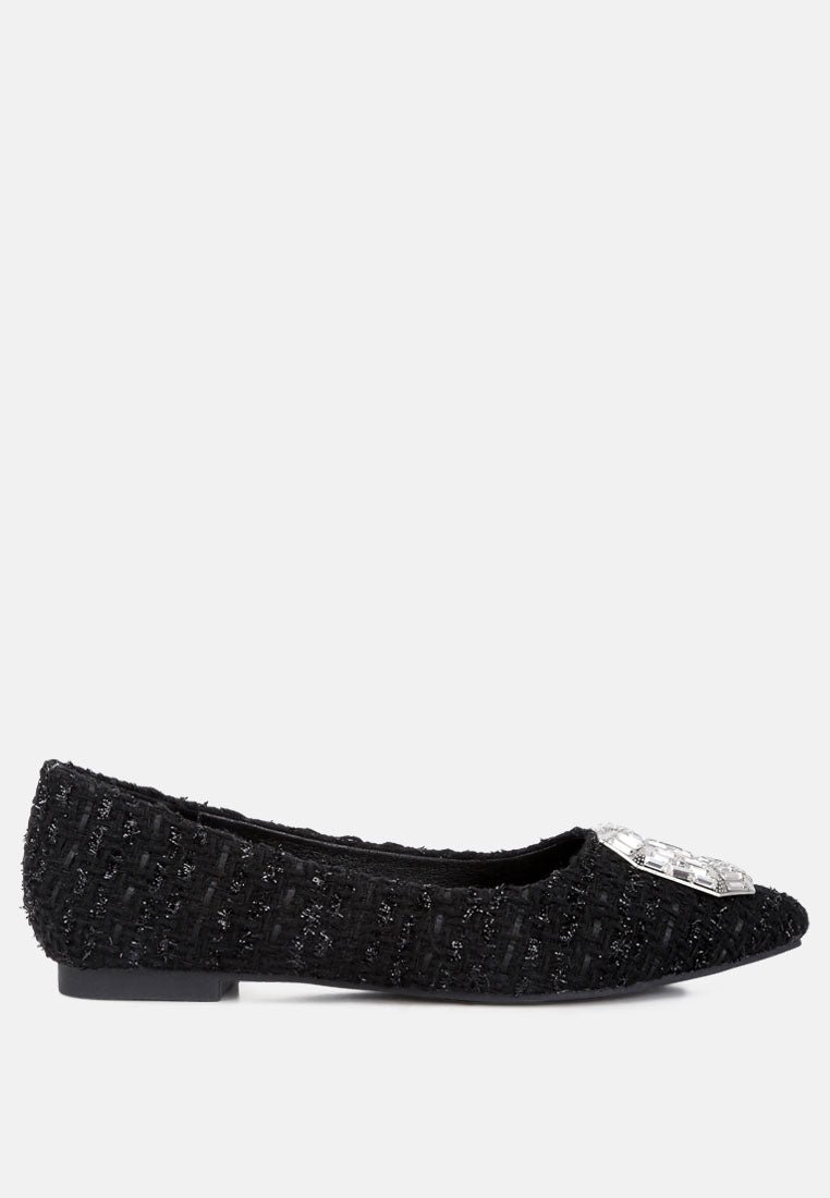 women aria embellished jewel buckle tweed ballet flats#color_black