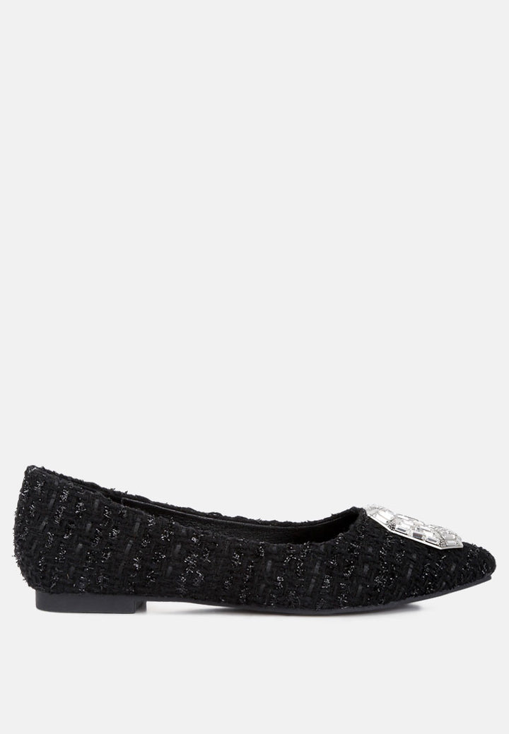 women aria embellished jewel buckle tweed ballet flats#color_black