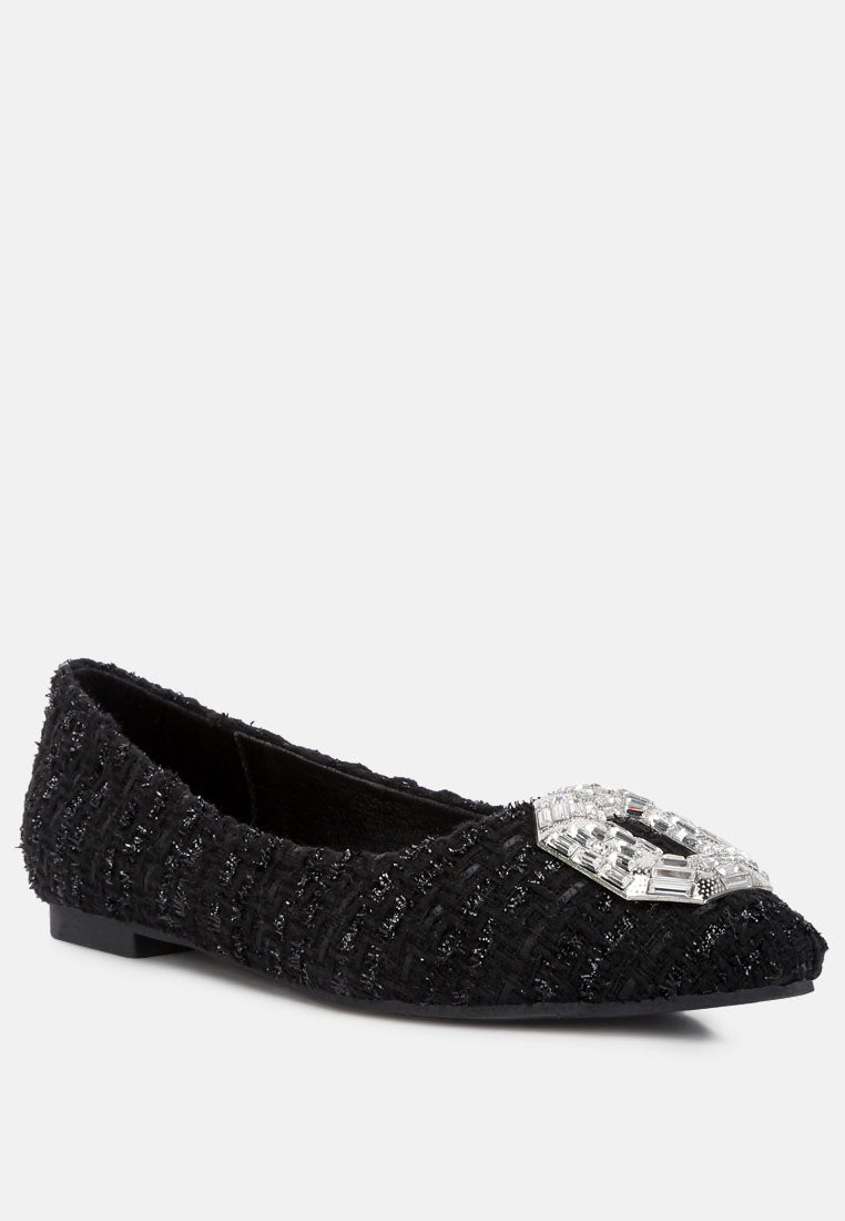 women aria embellished jewel buckle tweed ballet flats#color_black