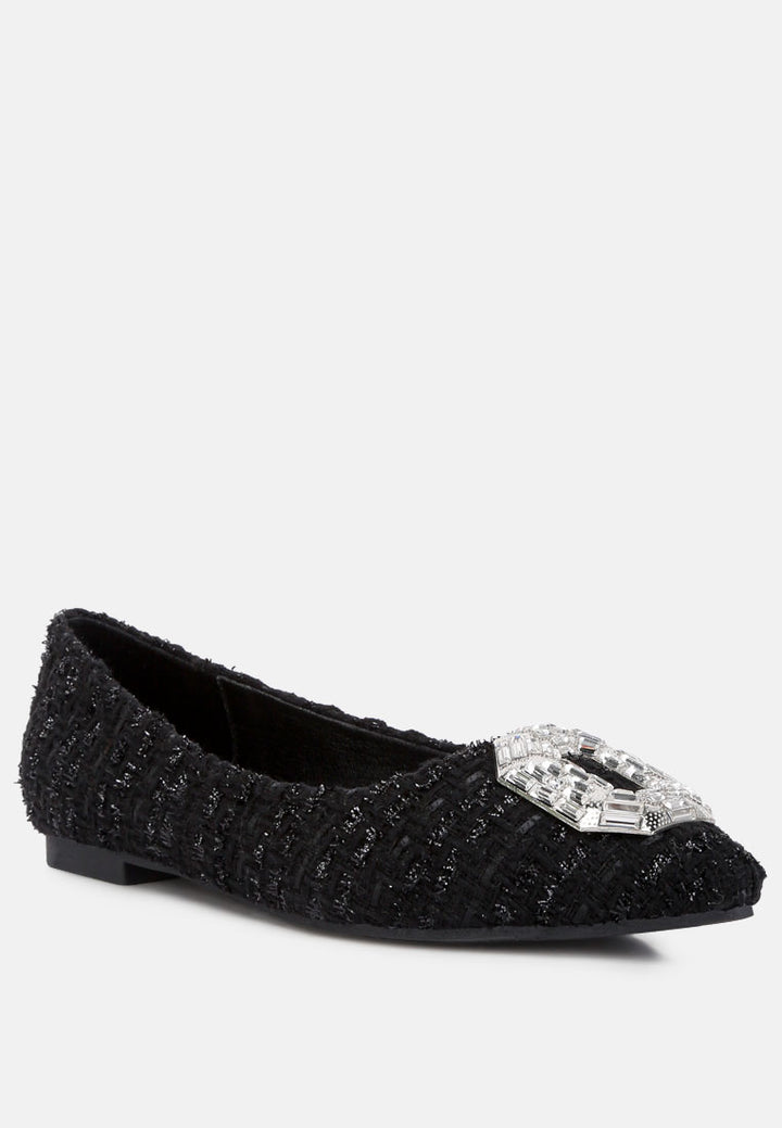 women aria embellished jewel buckle tweed ballet flats#color_black