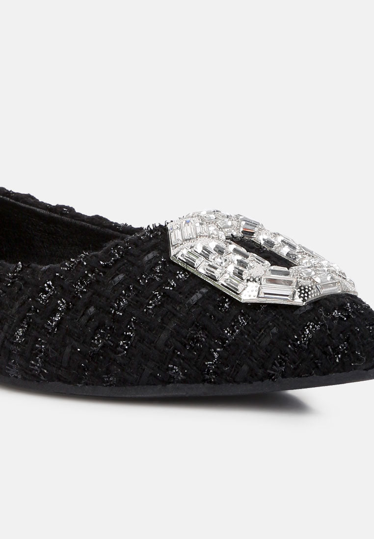 women aria embellished jewel buckle tweed ballet flats#color_black